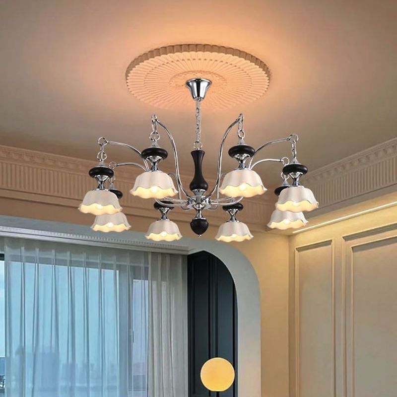 $125 Ceramic White Shade Enclosure Light Chandelier with 8/6/3 Lights, Downward Shade Direction, Adjustable Chain, Chain Mounting