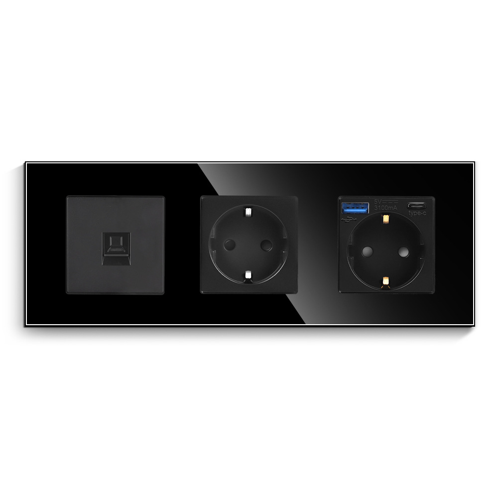 Black dual German socket with CAT6/USB/Type-C function socket European socket German socket with grounding
