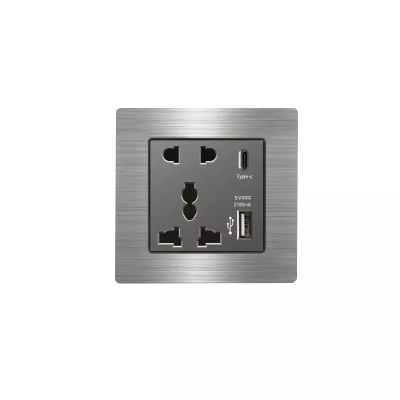 13A British Standard TYPE-C Fast Charging Socket Multi hole Electric USB Stainless Steel Gray Brushed Switch Panel